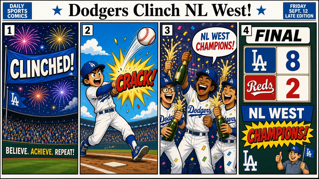 Four-panel full-color sports comic with cartoon ballplayers, not likenesses. Panel 1: stadium clinch fireworks and CLINCHED banner. Panel 2: cartoon batter crushing a home run with a CRACK burst. Panel 3: teammates celebrating NL West. Panel 4: FINAL Dodgers 8 Reds 2 scoreboard.