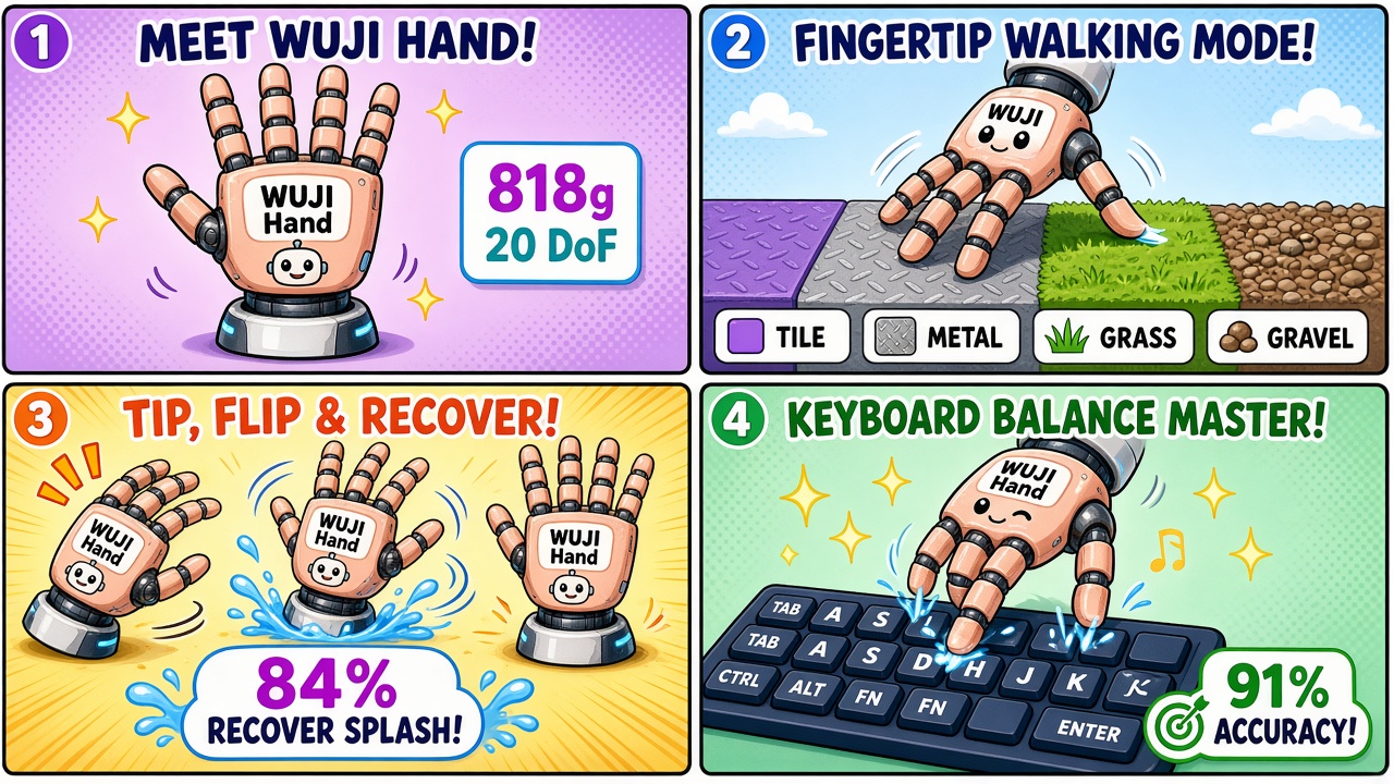 Four-panel full-color AI comic. Panel 1: bright cartoon five-finger robot hand. Panel 2: hand walking on fingertips across tile and grass. Panel 3: hand flipping upright after a tip-over. Panel 4: hand pressing keyboard keys while balancing.