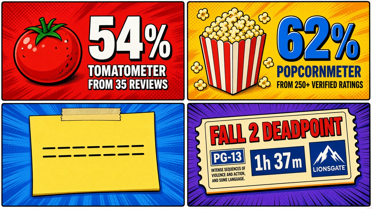 Four-panel full-color movie-score comic. Panel 1: 54% Tomatometer 35 reviews. Panel 2: 62% Popcornmeter 250+ ratings. Panel 3: blank Critics Consensus sticky. Panel 4: ticket Fall 2 Deadpoint PG-13 1h 37m Lionsgate.