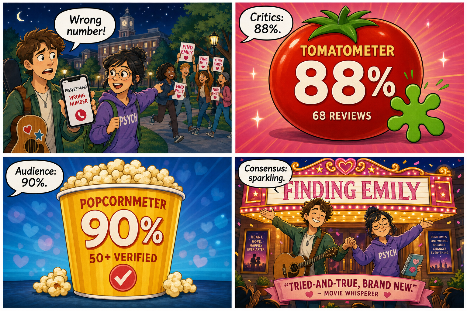 Four-panel bright rom-com comic with cartoon stand-ins, not photoreal celebrity portraits. Panel 1: a lovesick cartoon musician holding a wrong phone number while a driven cartoon psychology student leads a campus-wide search. Panel 2: a giant cartoon tomato meter reading 88 percent. Panel 3: a giant cartoon popcorn meter reading 90 percent. Panel 4: two cartoon leads standing under a Finding Emily marquee in candy-colored lights.