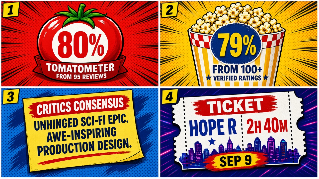 Four-panel full-color movie-score comic. Panel 1: 80% Tomatometer 95 reviews. Panel 2: 79% Popcornmeter 100+ verified ratings. Panel 3: Critics Consensus sticky for Hope. Panel 4: ticket Hope R 2h 40m NEON wide Sep 9.