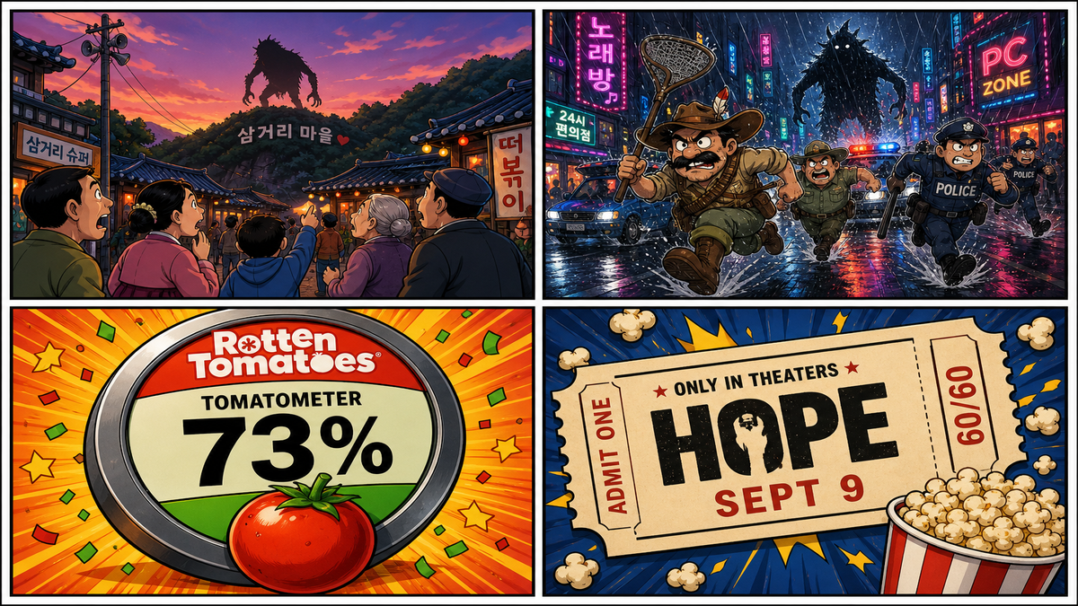 Four-panel full-color movie comic. Panel 1: colorful Korean village and creature shadow. Panel 2: cartoon hunters and police in chaotic chase. Panel 3: big 73% Tomatometer. Panel 4: Sept 9 ticket and empty audience meter.