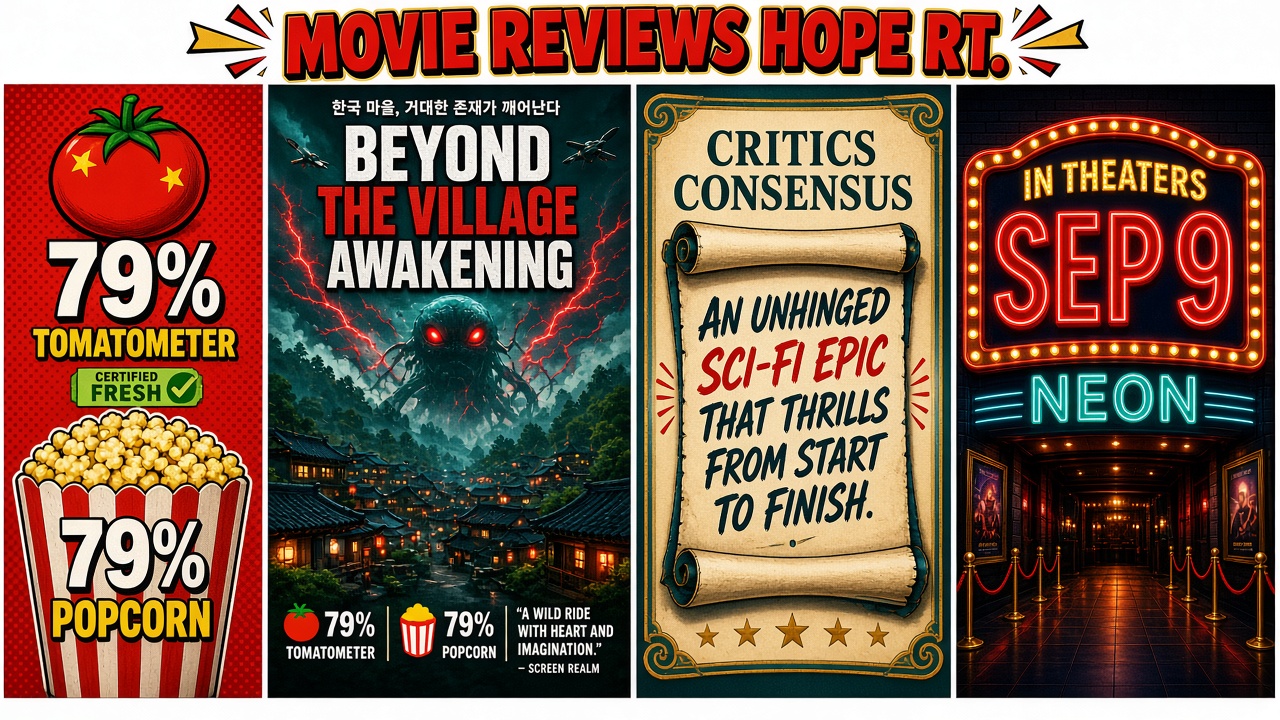 Four-panel full-color movie-score comic, cartoon stand-ins never likenesses. Panel 1: scoreboard showing 79 percent Tomatometer and 79 percent Popcornmeter. Panel 2: cartoon Korean village under a mysterious creature silhouette. Panel 3: Critics Consensus scroll stand-in. Panel 4: neon theater marquee reading in theaters September 9 with Neon studio glow.