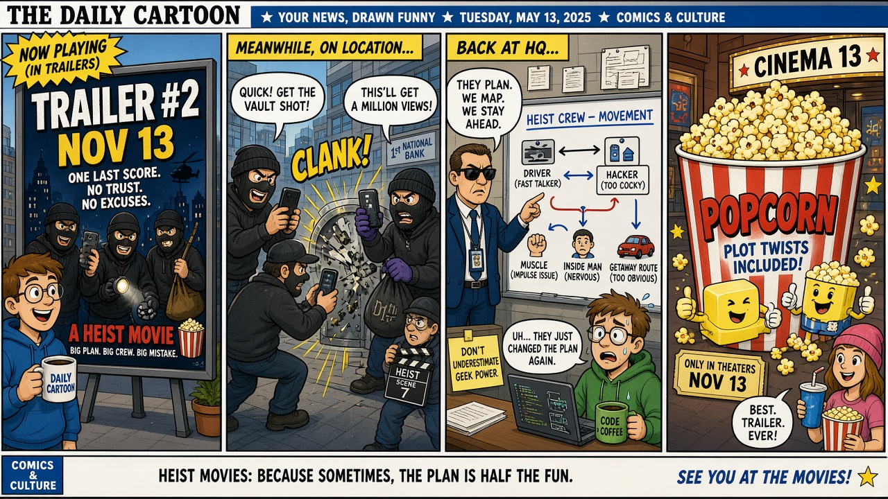 Four-panel full-color culture comic. Panel 1: Trailer #2 November 13 poster board. Panel 2: cartoon robbers filming on phones. Panel 3: cartoon FBI agent and coder. Panel 4: red-and-white popcorn bucket.