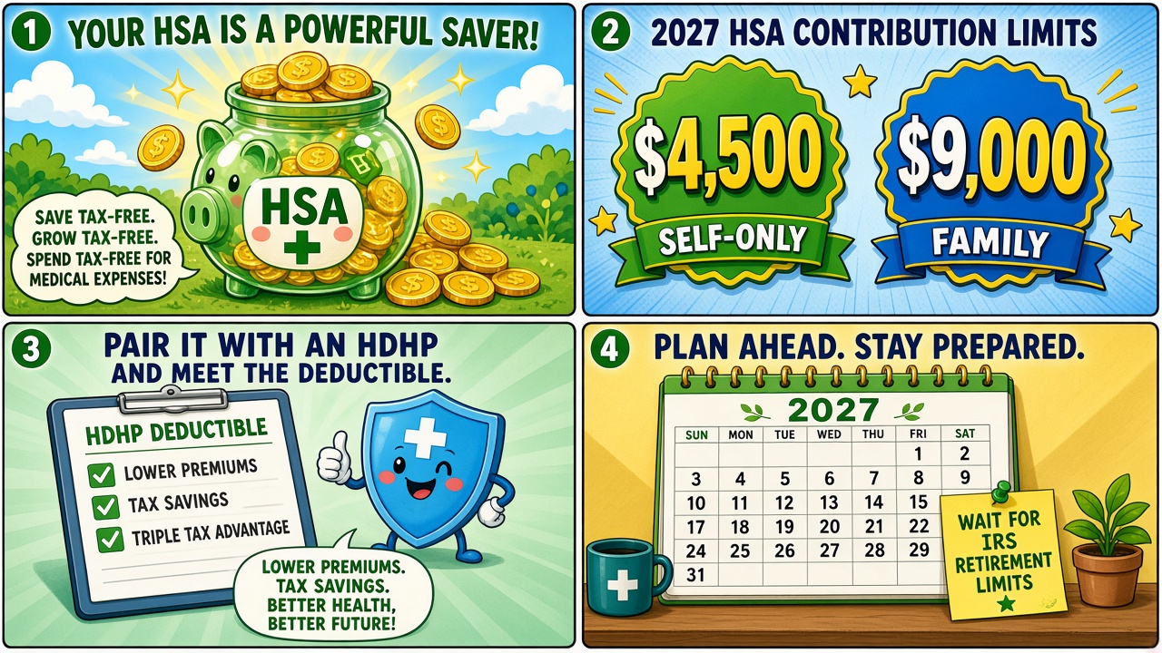 Four-panel full-color finance comic. Panel 1: cartoon HSA jar. Panel 2: big $4500 and $9000 badges. Panel 3: HDHP deductible checklist. Panel 4: calendar marked wait for IRS retirement limits.