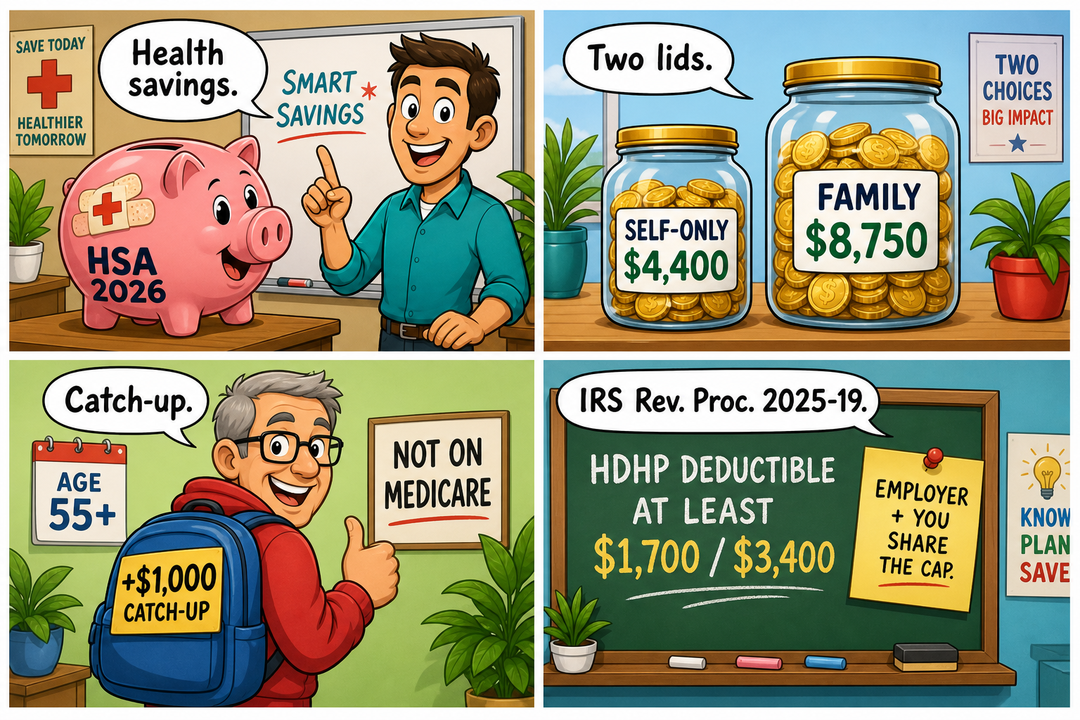 Four-panel full-color educational comic. Panel 1: a cartoon piggy bank labeled HSA 2026. Panel 2: two coin jars, self-only $4,400 and family $8,750. Panel 3: a 55-plus cartoon with a +$1,000 catch-up backpack, not on Medicare. Panel 4: a chalkboard, HDHP deductible at least $1,700 / $3,400, employer plus you share the cap.