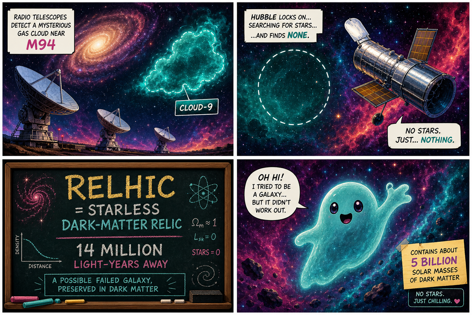Four-panel full-color unexplained-space comic. Panel 1: radio dishes find Cloud-9 near M94. Panel 2: Hubble searches and finds no stars. Panel 3: RELHIC chalkboard starless dark-matter relic. Panel 4: friendly failed-galaxy character with five billion solar masses note.