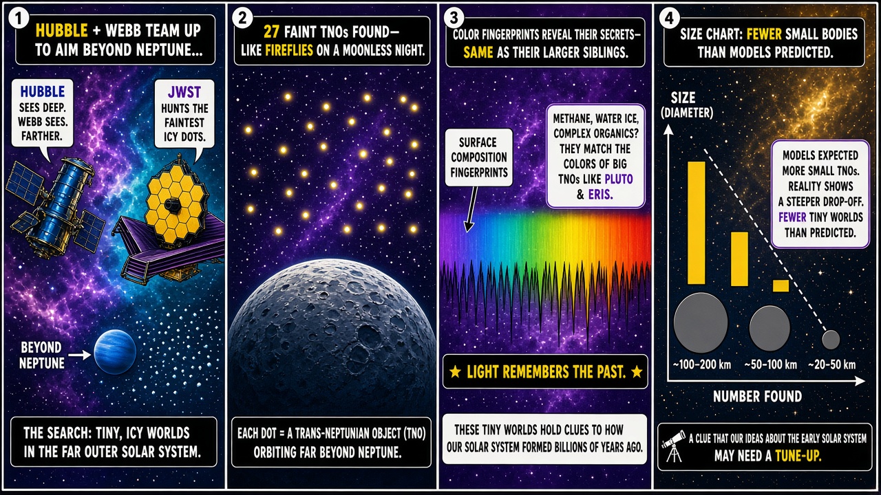 Four-panel full-color science comic. Panel 1: Hubble and James Webb telescopes aiming beyond Neptune. Panel 2: twenty-seven faint glowing dots like fireflies over a distant icy body. Panel 3: surface-color fingerprint board noting tiny TNOs match larger siblings. Panel 4: size-distribution chart showing fewer small bodies than models predicted.