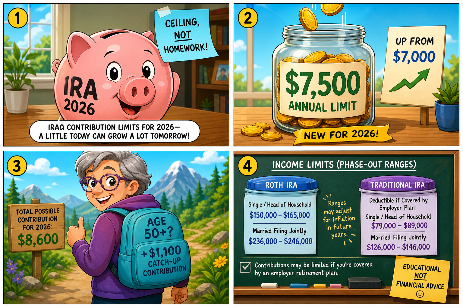 Four-panel full-color educational comic. Panel 1: cartoon piggy bank IRA 2026, sticky note ceiling not homework. Panel 2: jar $7,500 annual limit, up from $7,000. Panel 3: age-50-plus cartoon with +$1,100 catch-up backpack. Panel 4: chalkboard phase-out ranges as lids, educational not advice.