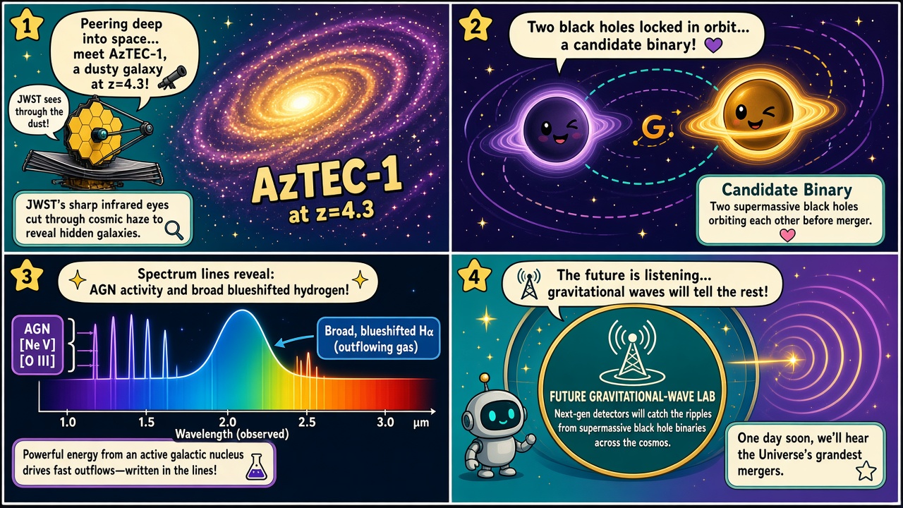 Four-panel full-color science comic. Panel 1: JWST views dusty AzTEC-1 at z=4.3. Panel 2: candidate binary black holes. Panel 3: AGN and blueshifted hydrogen lines. Panel 4: gravitational-wave follow-up badge.