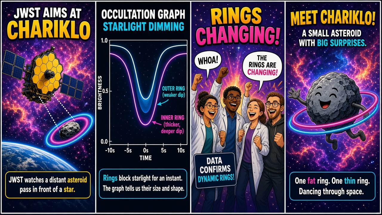 Four-panel full-color science comic. Panel 1: James Webb Space Telescope at the L2 Lagrange point. Panel 2: tiny Centaur Chariklo with two rings between Saturn and Uranus. Panel 3: stellar occultation dip as Chariklo and rings cross a background star. Panel 4: board marking inner ring denser and more opaque, outer ring weaker in near-infrared.