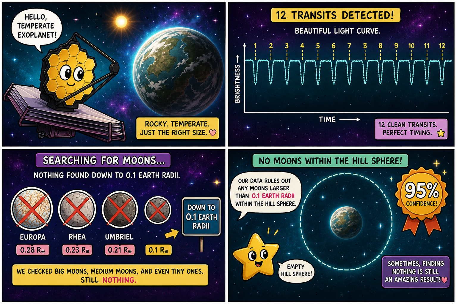 Four-panel full-color science comic. Panel 1: a golden JWST mirror aimed at a small rocky exoplanet. Panel 2: a calendar strip of twelve transit dips with empty moon slots. Panel 3: a crossed-out 0.1 Earth-radius moon stamped 95 percent confidence across the Hill region. Panel 4: a close-in orange orbit at 0.04 au with tide arrows dissolving oversized moons over gigayears.
