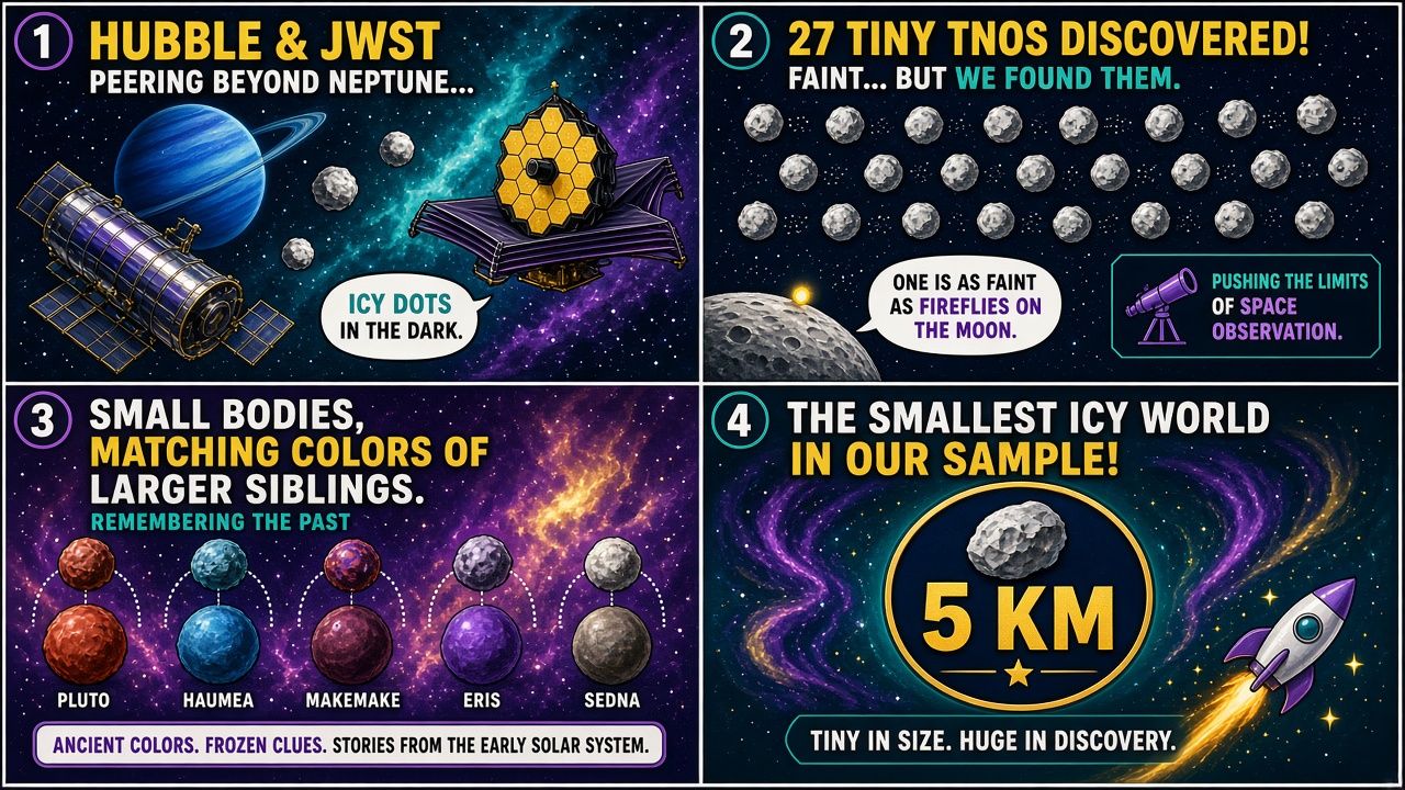 Four-panel full-color science comic. Panel 1: Hubble and Webb jointly eye distant icy dots. Panel 2: 27 newly found tiny TNOs. Panel 3: cold and hot populations keeping sibling colors. Panel 4: faintest like fireflies on the Moon, smallest about 5 km.