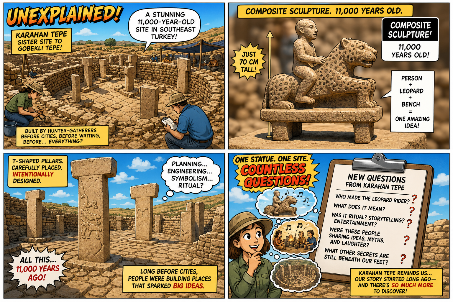 Four-panel full-color pop-archaeology comic. Panel 1: dig site sister to Gobekli Tepe. Panel 2: 70 cm stone human riding a leopard, composite sculpture 11,000 years. Panel 3: T-shaped pillars and paved stones. Panel 4: clipboard opening new questions about earliest human history, entertainment tone.
