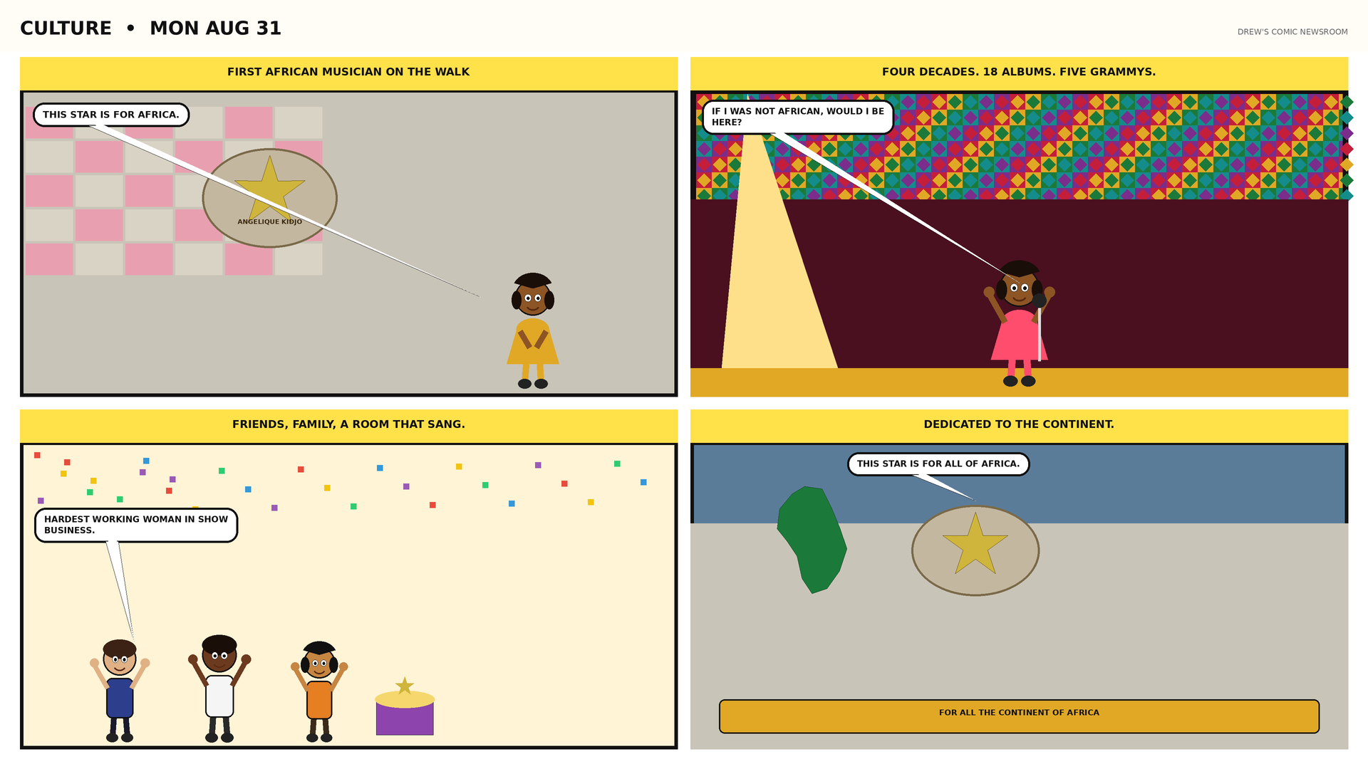 Four-panel full-color culture comic: a cartoon West African singer unveils a Hollywood Walk of Fame Recording star, maps blues R&B rock soul and jazz back to Africa, wipes a tear for her parents, then celebrates a HOPE!! album with dancing guests. Original cartoon figures, not celebrity likenesses.