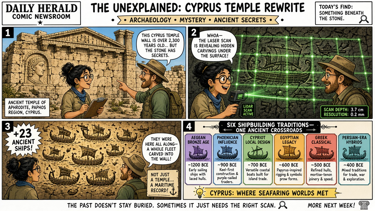 Four-panel full-color archaeology comic. Panel 1: weathered temple stone. Panel 2: green laser scan grid. Panel 3: newly revealed ship silhouettes. Panel 4: six colored badges for shipbuilding traditions.