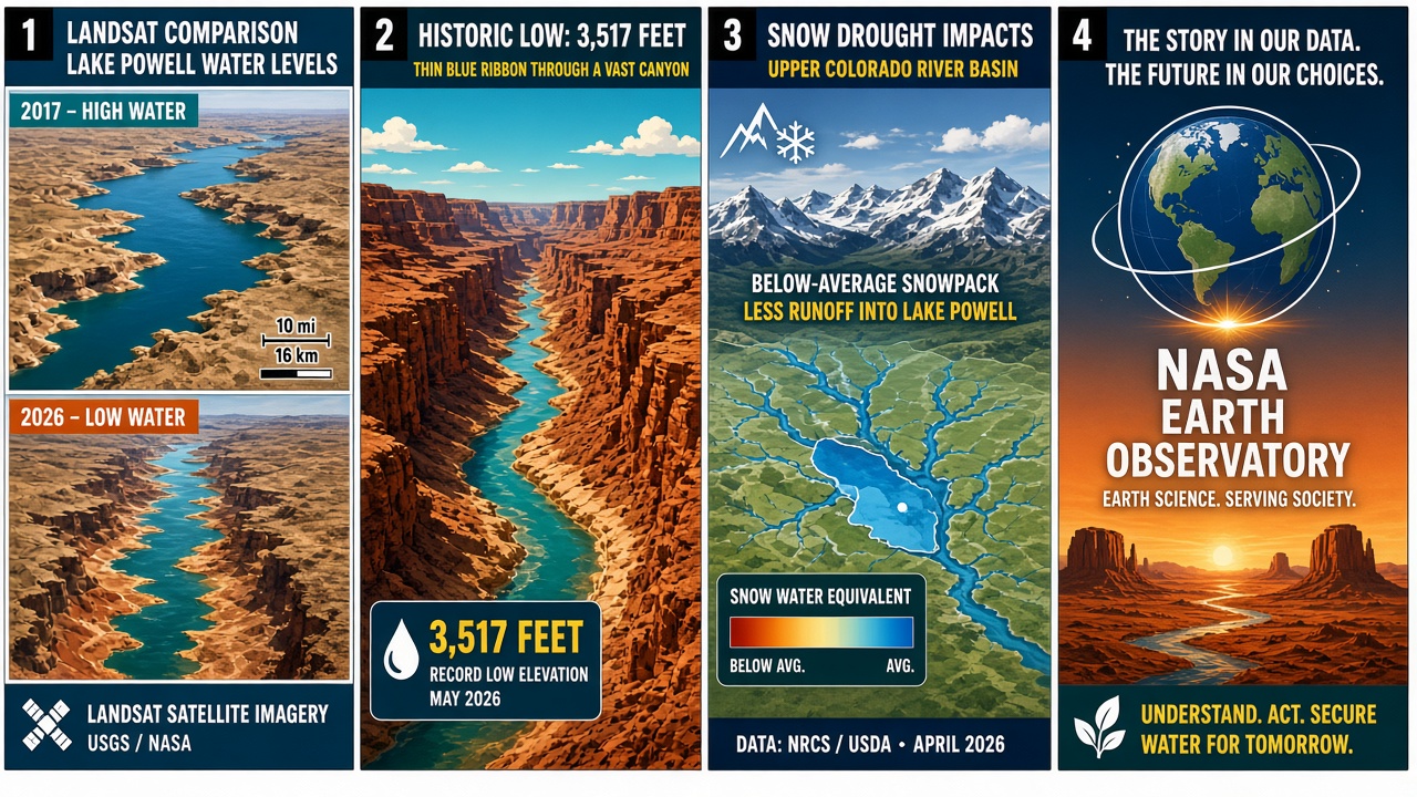 Four-panel full-color science comic. Panel 1: Landsat side-by-side of Lake Powell high water 2017 versus low water 2026. Panel 2: deep red-rock canyon with a thin blue ribbon labeled historic low elevation. Panel 3: Upper Colorado River Basin snow-drought map. Panel 4: NASA Earth Observatory globe and red-rock landscape data board.
