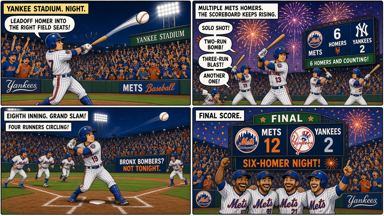 Four-panel full-color sports comic with cartoon ballplayers, not likenesses. Panel 1: cartoon Mets leadoff hitter launching a Yankee Stadium home run. Panel 2: early exit for the Yankees starter after a Mets barrage. Panel 3: bases-clearing grand slam crack in the eighth. Panel 4: Mets 12 Yankees 2 final scoreboard celebrating six Mets home runs.