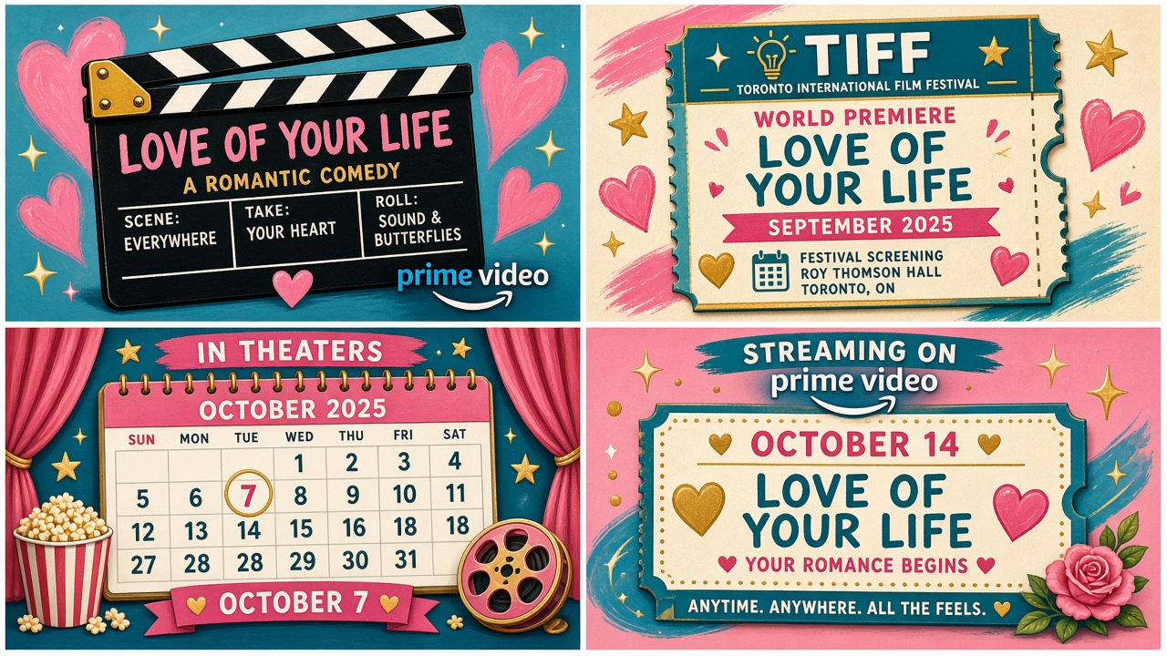 Four-panel full-color culture comic, cartoon stand-ins only, never likenesses. Panel 1: Love of Your Life trailer clapper. Panel 2: TIFF premiere badge. Panel 3: theaters October 7 calendar. Panel 4: Prime Video October 14 stamp.