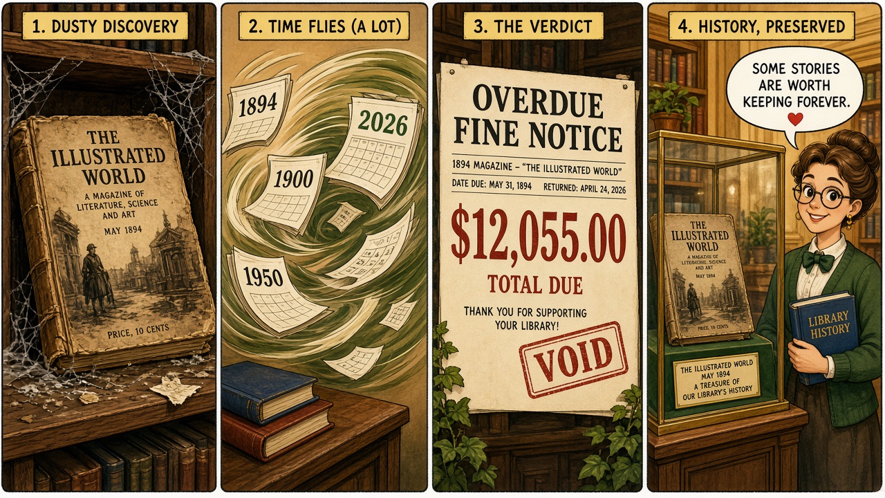 Four-panel full-color humor comic. Panel 1: dusty cartoon 1894 magazine. Panel 2: calendar pages flying from 1894 to 2026. Panel 3: huge fine receipt stamped VOID. Panel 4: magazine in a history display case.