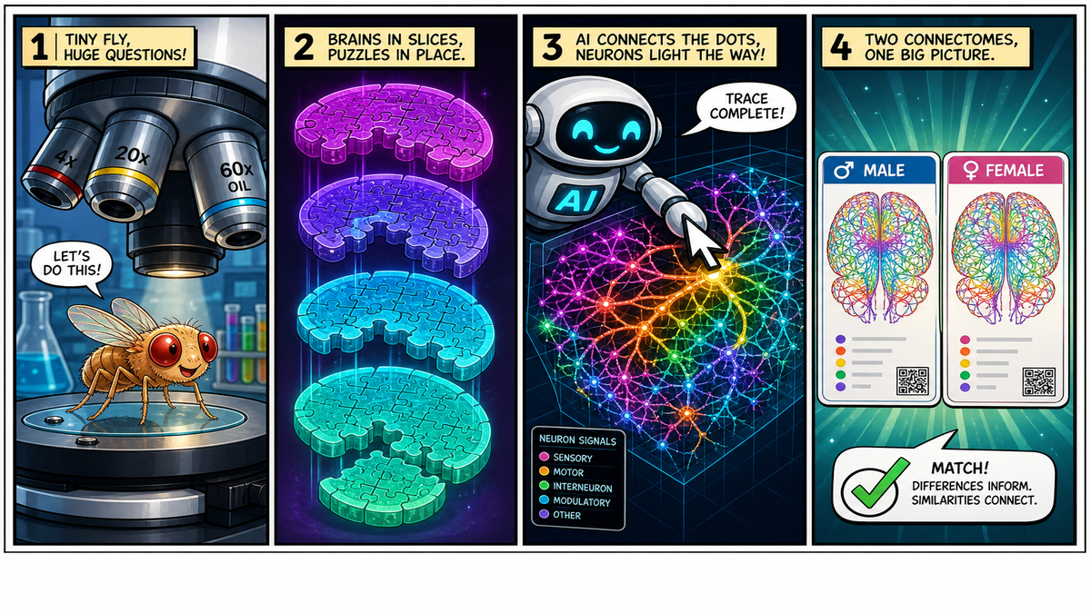 Four-panel full-color science comic. Panel 1: cartoon fruit fly and microscope. Panel 2: colorful brain slice stack. Panel 3: AI cursor tracing glowing neurons. Panel 4: male and female connectome cards compared with bright wiring.