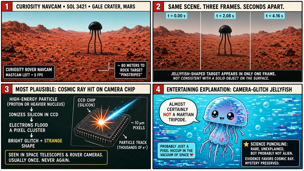 Four-panel full-color unexplained-space comic. Panel 1: Curiosity landscape with jellyfish silhouette. Panel 2: three frames, glitch in only one. Panel 3: cosmic ray hitting CCD. Panel 4: cute glitch jellyfish saying not a Martian tripode.