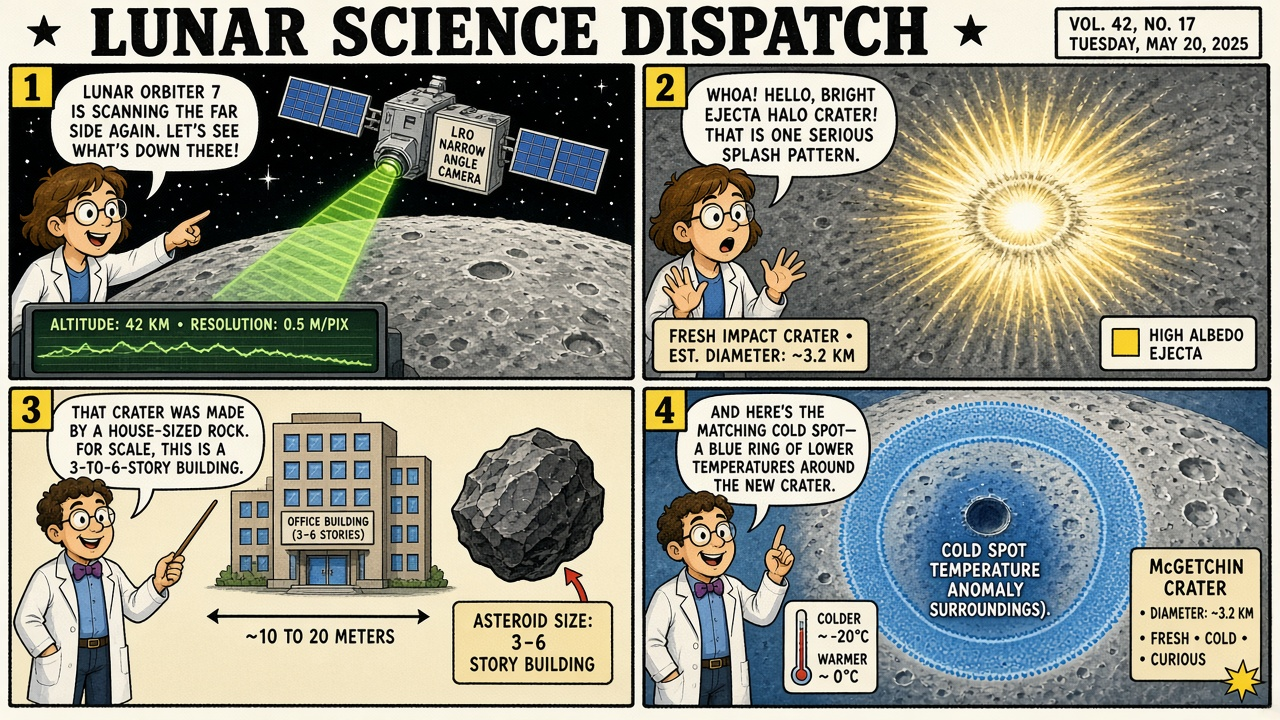 Four-panel full-color science comic. Panel 1: cartoon lunar map scan. Panel 2: bright ejecta halo discovery. Panel 3: three-to-six-story rock vs building. Panel 4: blue cold-spot ring around new crater labeled McGetchin.