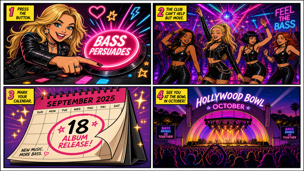 Four-panel full-color music comic with a cartoon stand-in, not a celebrity portrait. Panel 1: cartoon singer presses a neon Bass Persuades button. Panel 2: colorful nightclub dancers. Panel 3: album calendar Sept 18. Panel 4: cartoon Hollywood Bowl night.