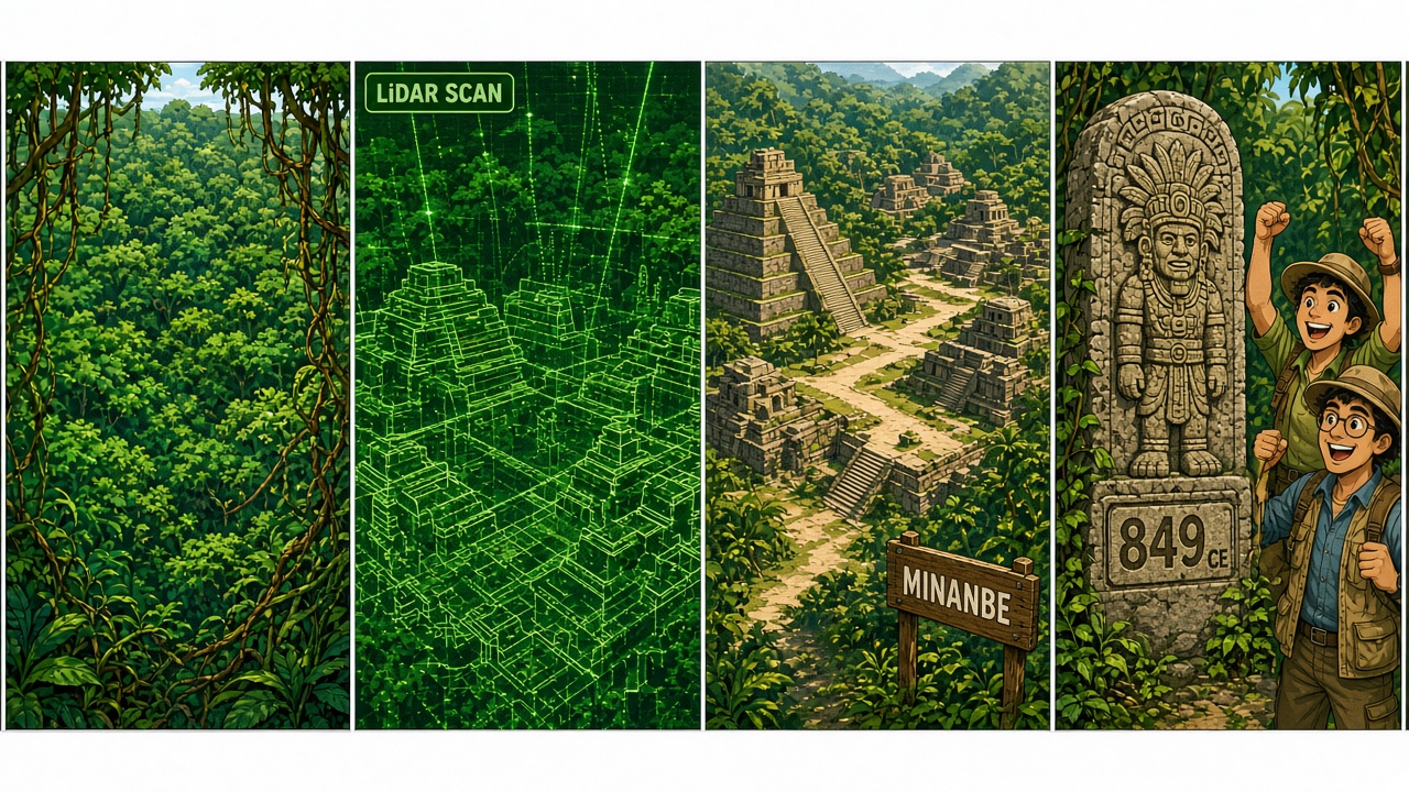 Four-panel full-color archaeology comic. Panel 1: dense jungle. Panel 2: green LiDAR scan revealing hidden ruins. Panel 3: cartoon plazas and pyramid. Panel 4: carved stela marked 849 CE.
