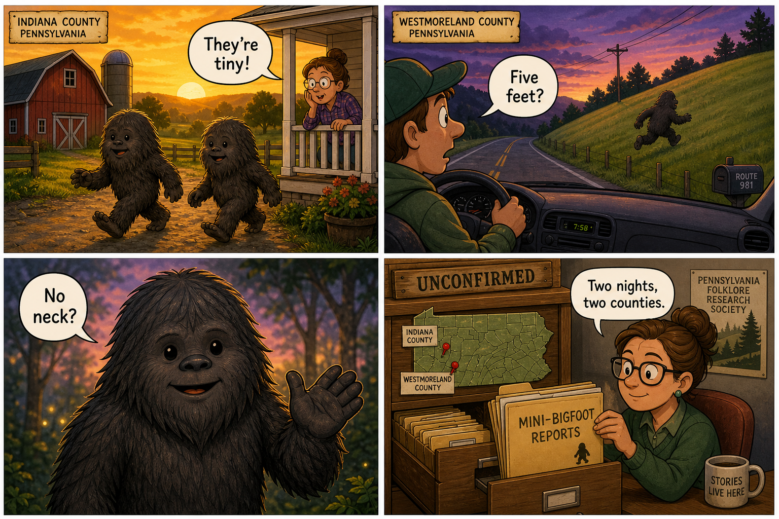 Four-panel cute folklore comic with cartoon stand-ins, not real faces. Panel 1: dusk on an Indiana County farm, two short hairy cartoon figures about three and a half feet tall playing near a tree line. Panel 2: a Westmoreland rural road at evening, a five-foot charcoal-grey cartoon creature running up a hillside. Panel 3: a friendly cartoon close-up of a dome-shaped head with no visible neck, long arms, a flat nose with flared nostrils, and small dark eyes. Panel 4: a folklore file cabinet labeled UNCONFIRMED.