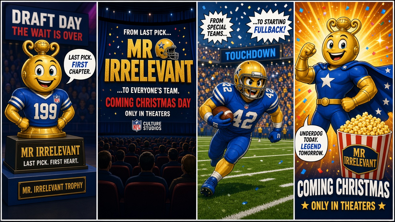 Four-panel full-color culture comic with cartoon stand-ins never celebrity likenesses. Panel 1: 1983 NFL Draft board marking the last pick Mr. Irrelevant. Panel 2: cartoon Giants locker-room stand-in for John Tuggle. Panel 3: cartoon coach chalkboard labeled Bill Parcells. Panel 4: Paramount theater stub reading Christmas Day.