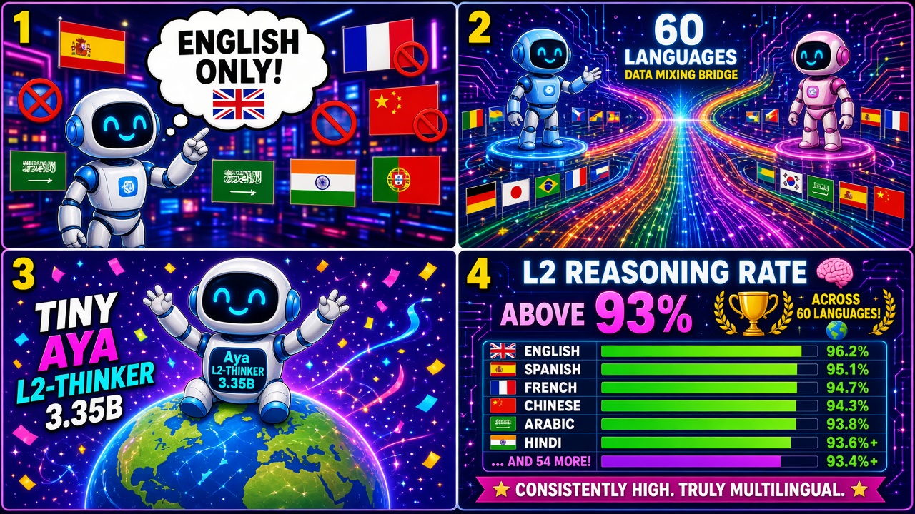 Four-panel full-color AI research comic. Panel 1: English-only reasoning wall blocking other scripts. Panel 2: Tiny Aya L2-Thinker 3.35B model bridge spanning languages. Panel 3: globe marked 60 languages with L2 reasoning rate above 93 percent. Panel 4: data-mixing recipe board for multilingual SFT without inventing per-language percentages.