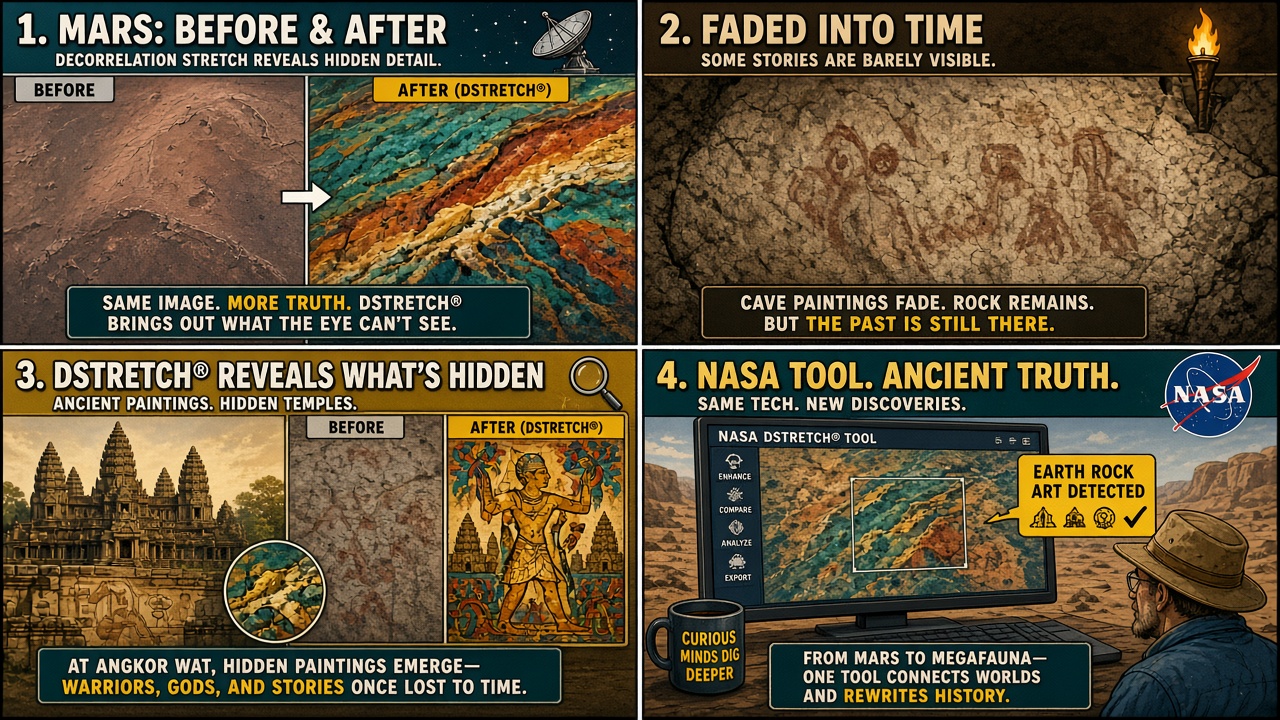 Four-panel full-color pop-history comic. Panel 1: Mars surface with decorrelation stretch. Panel 2: Dstretch plug-in chalkboard. Panel 3: Baja cave yellow figure appears. Panel 4: Angkor Wat chamber with 200-plus revealed paintings.