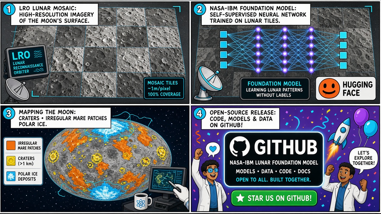 Four-panel full-color science comic. Panel 1: Lunar Reconnaissance Orbiter mosaic tiles covering the Moon. Panel 2: open-source badges for Hugging Face and GitHub. Panel 3: cartoon researchers mapping craters and irregular mare patches. Panel 4: polar ice prospectivity heatmap near lunar poles.