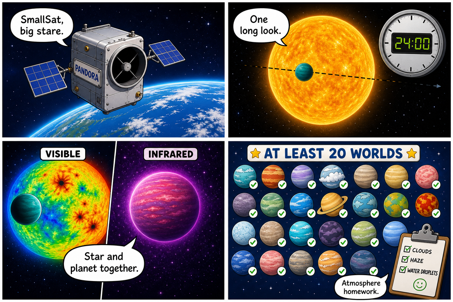 Four-panel full-color space comic. Panel 1: a small silver Pandora satellite over a blue Earth. Panel 2: a yellow host star with a teal exoplanet transiting, a 24:00 clock. Panel 3: split visible and infrared views of star and planet. Panel 4: a checklist of at least 20 worlds marked clouds, haze, and water.