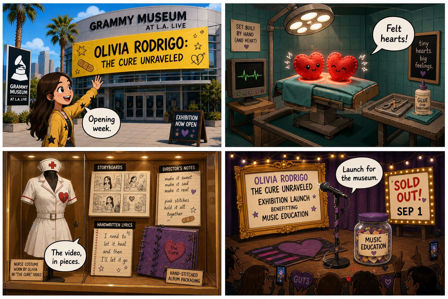 Four-panel full-color museum comic with a stylized cartoon brunette, not a photoreal portrait. Panel 1: Grammy Museum doors and a yellow exhibit banner. Panel 2: a cardboard operating room with two cute beating felt hearts. Panel 3: a nurse costume, storyboards, and hand-stitched packaging in a case. Panel 4: a sold-out Sept. 1 stage and a music-education jar.
