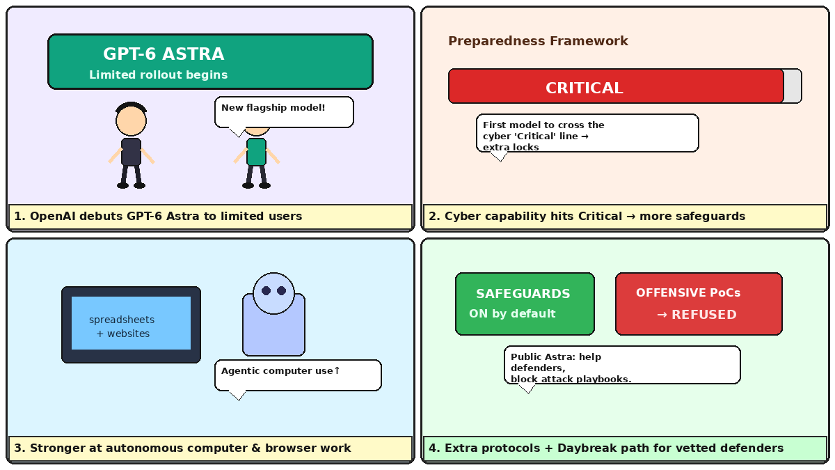 Four-panel full-color comic about GPT-6 Astra launch, Critical cyber threshold meter, agentic computer use, and default safeguards that refuse offensive exploit requests.