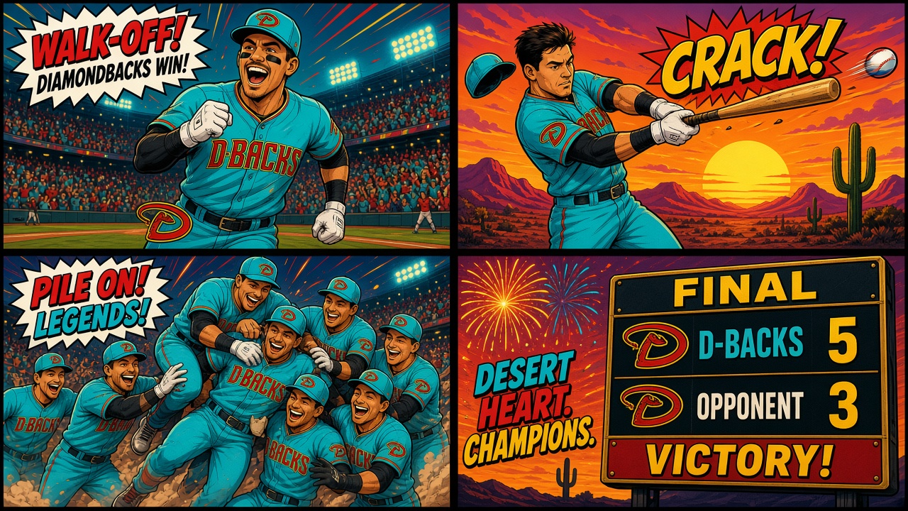 Four-panel full-color sports comic with cartoon ballplayers, not likenesses. Panel 1: cartoon D-backs player celebrating under a WALK-OFF DIAMONDBACKS WIN burst. Panel 2: mid-swing CRACK home-run blast with helmet flying against a desert sunset. Panel 3: teal jersey pile-on celebration under stadium lights. Panel 4: FINAL scoreboard D-backs 5 Opponent 3 with fireworks.