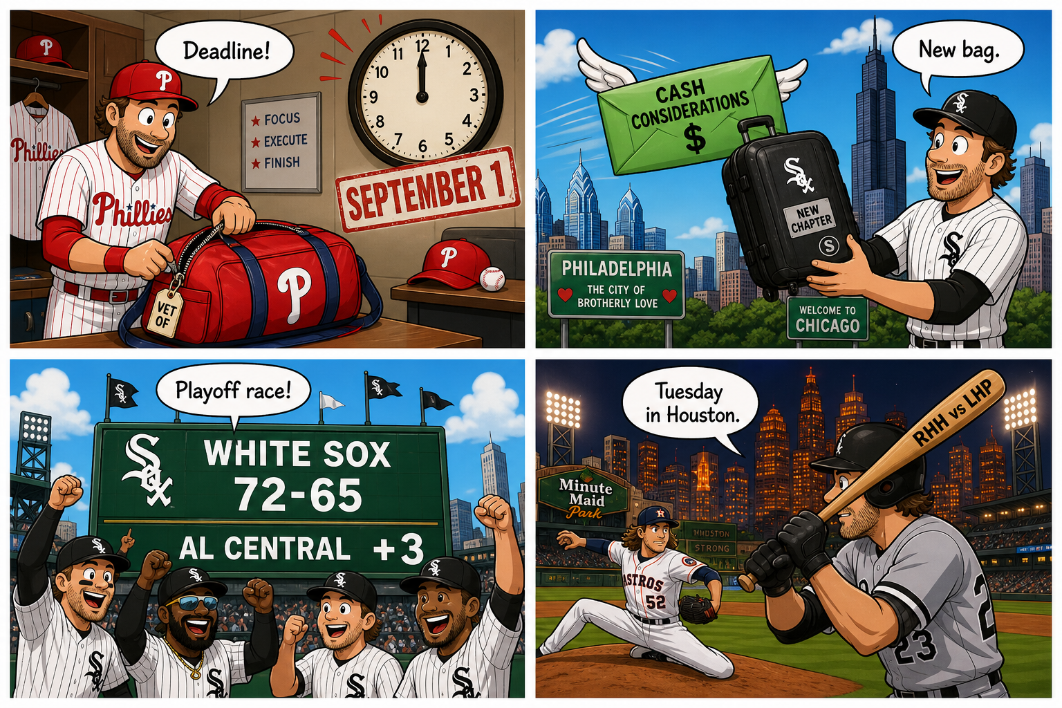 Four-panel full-color baseball comic with cartoon stand-ins, not a real player portrait. Panel 1: a clubhouse clock hits a September 1 cutoff stamp as a veteran outfielder packs a duffel. Panel 2: a green cash-considerations envelope flies toward a Chicago skyline. Panel 3: a scoreboard reads White Sox 72-65, AL Central lead. Panel 4: a right-handed cartoon batter faces a lefty in a Houston night game.