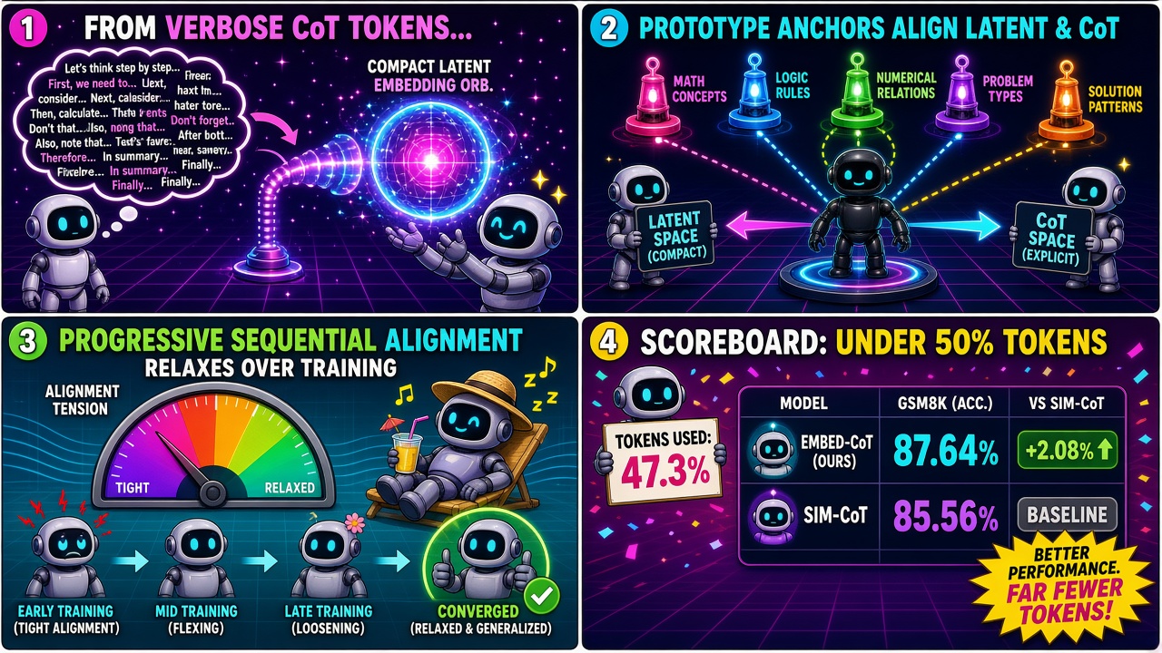 Four-panel full-color AI research comic. Panel 1: verbose chain-of-thought tokens compressed into a compact latent embedding orb. Panel 2: prototype anchors aligning latent space and explicit CoT space. Panel 3: Progressive Sequential Alignment gauge moving from tight to relaxed. Panel 4: scoreboard showing under 50 percent tokens and plus 2.08 percent versus SIM-CoT.