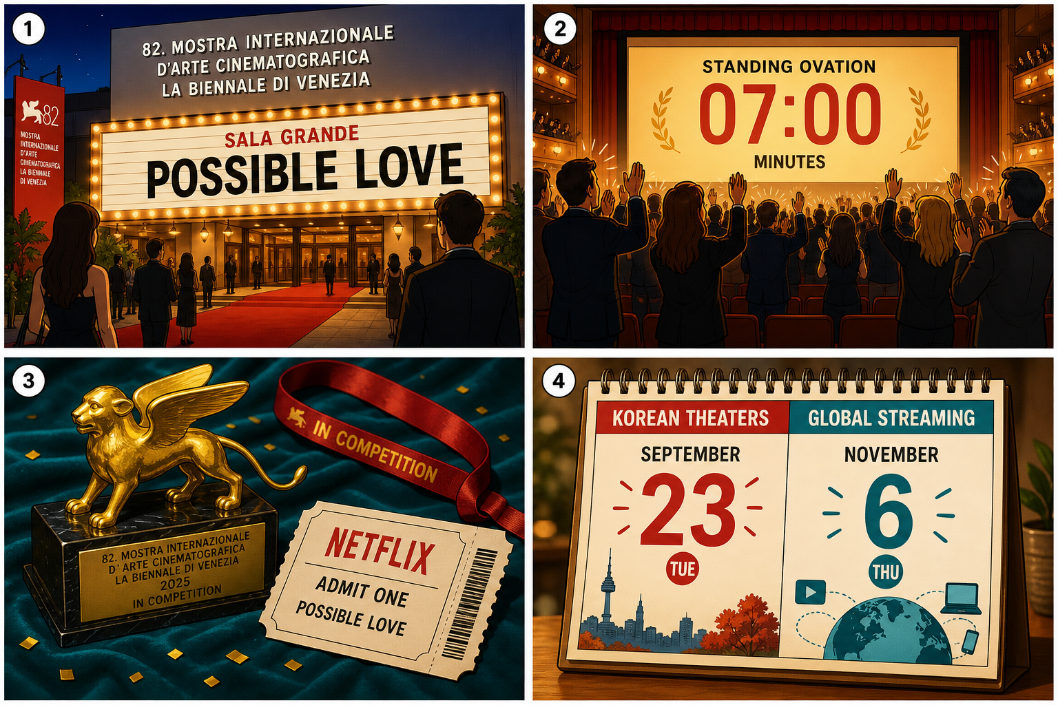 Four-panel full-color culture comic with cartoon cast stand-ins, never celebrity likenesses. Panel 1: Venice Sala Grande premiere marquee for Possible Love. Panel 2: a glowing standing-ovation clock near seven minutes. Panel 3: a Golden Lion competition badge beside a first-feature-since-Burning stamp. Panel 4: twin tickets reading Korean theaters September 23 and Netflix global November 6.