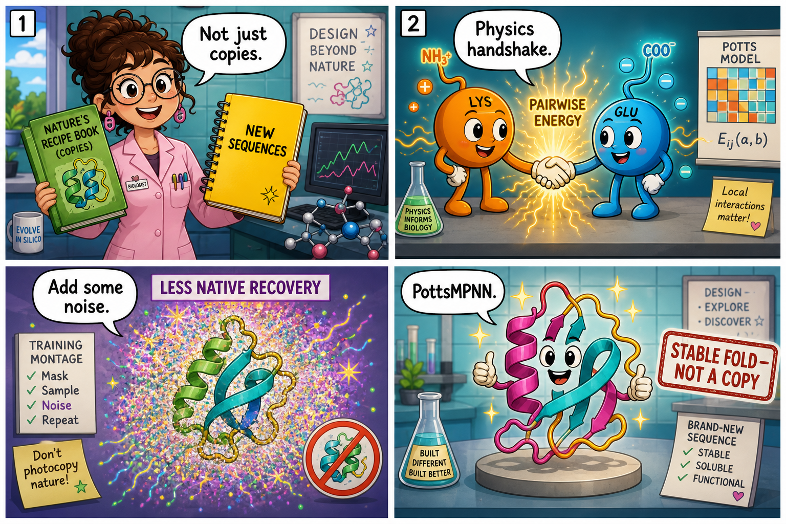 Four-panel full-color lab comic. Panel 1: a cartoon scientist holds a green Nature’s Recipe Book and a yellow notebook labeled new sequences. Panel 2: orange and blue amino-acid characters shake hands with a gold pairwise-energy spark. Panel 3: glittery noise around a protein fold. Panel 4: a smiling cartoon protein ribbon stamped stable fold, not a copy.