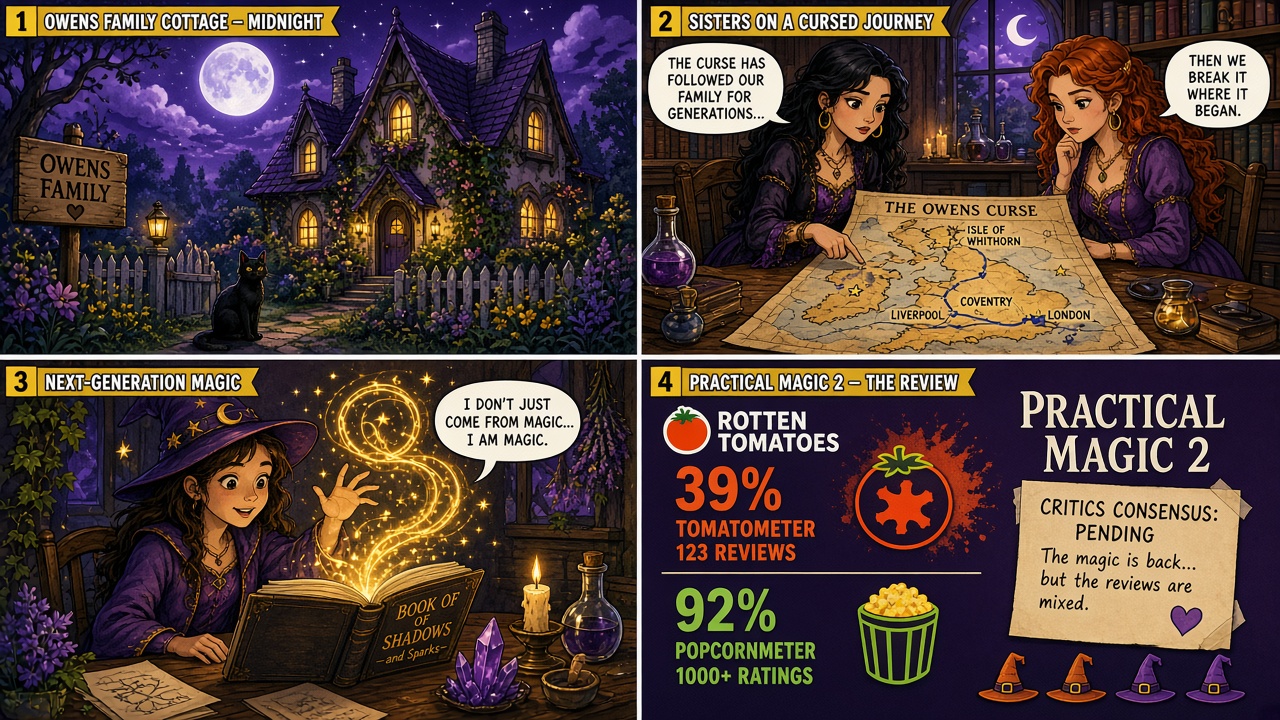 Four-panel full-color movie-score comic, cartoon stand-ins never likenesses. Panel 1: cartoon sister-witch stand-ins under moonlight. Panel 2: kitchen midnight-margarita beat with cartoon props. Panel 3: theater stub dated September 10. Panel 4: scoreboard showing 39 percent Tomatometer from 123 reviews and 92 percent Popcornmeter from 1,000-plus verified ratings, Critics Consensus pending.