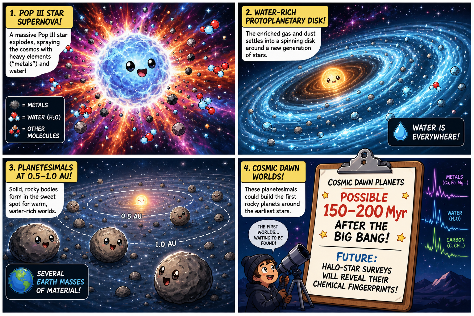 Four-panel full-color space comic. Panel 1: cartoon Pop III star exploding with metals and water. Panel 2: water-rich disk around a protostar. Panel 3: smiling rocky planetesimals between 0.5 and 1.0 AU, several Earth masses. Panel 4: clipboard, planets possible 150-200 million years after the Big Bang.