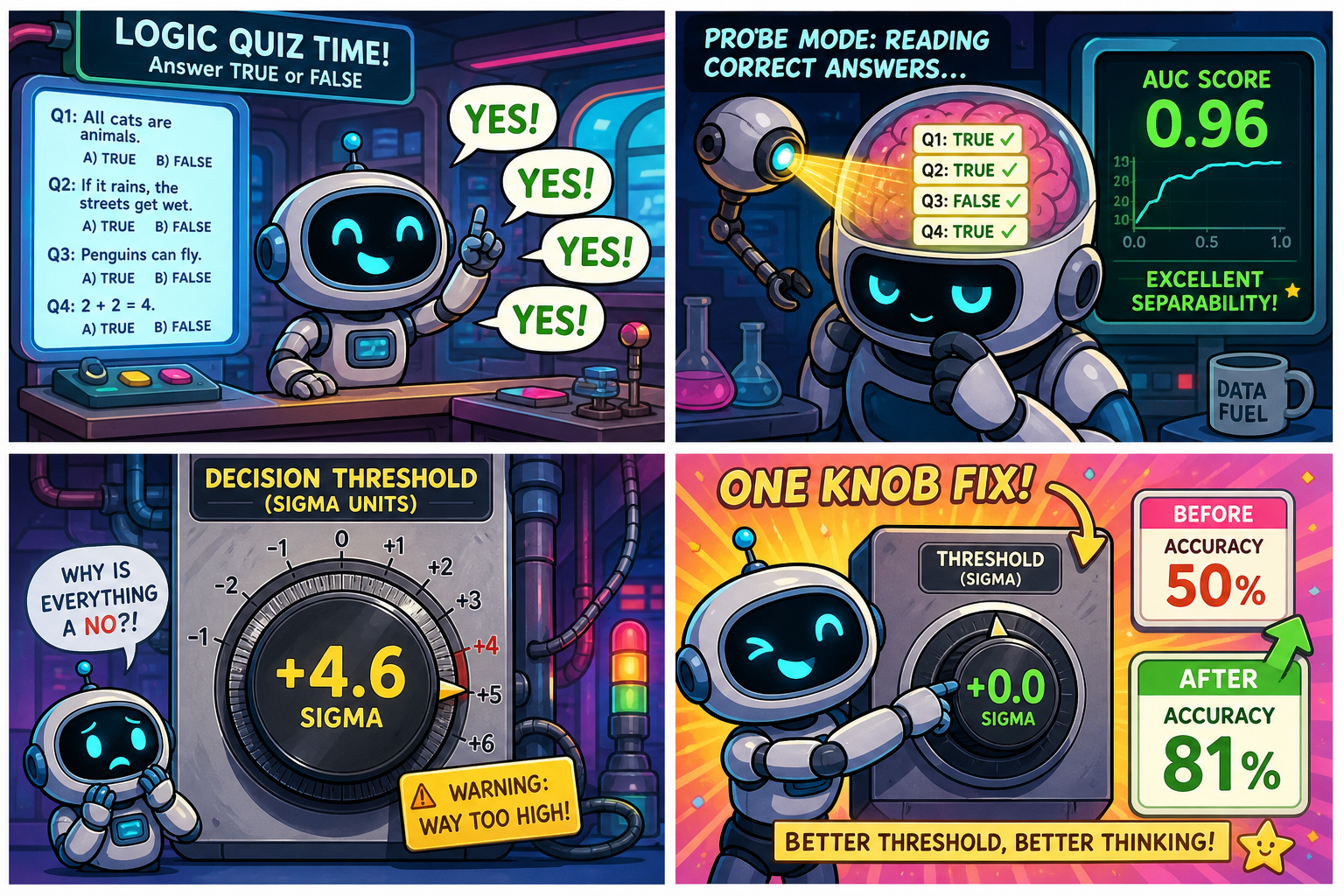 Four-panel full-color AI research comic. Panel 1: a small cartoon language model rubber-stamping YES on a stack of 1200 logic cards. Panel 2: a colorful probe meter reading the correct verdict at 0.96 AUC from hidden states. Panel 3: a giant decision dial offset by plus 4.6 sigma with margin AUC 0.89. Panel 4: three labeled bins reading concealed, miscalibrated, and undetected beside repair dials lifting accuracy from 50 to 81 percent at 0.6B and 94 percent at 8B.