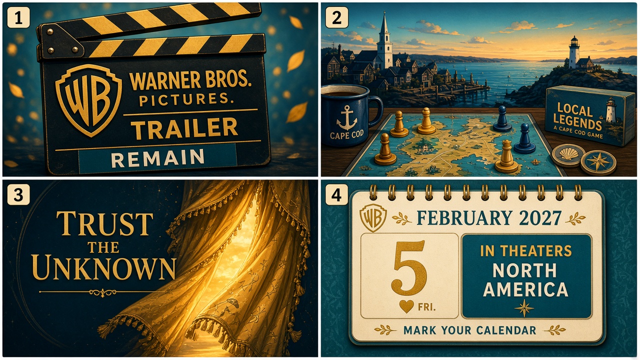Four-panel full-color culture comic, cartoon stand-ins only. Panel 1: Remain trailer clapper. Panel 2: Cape Cod game props. Panel 3: Trust the Unknown curtain. Panel 4: theaters Feb 5 2027.