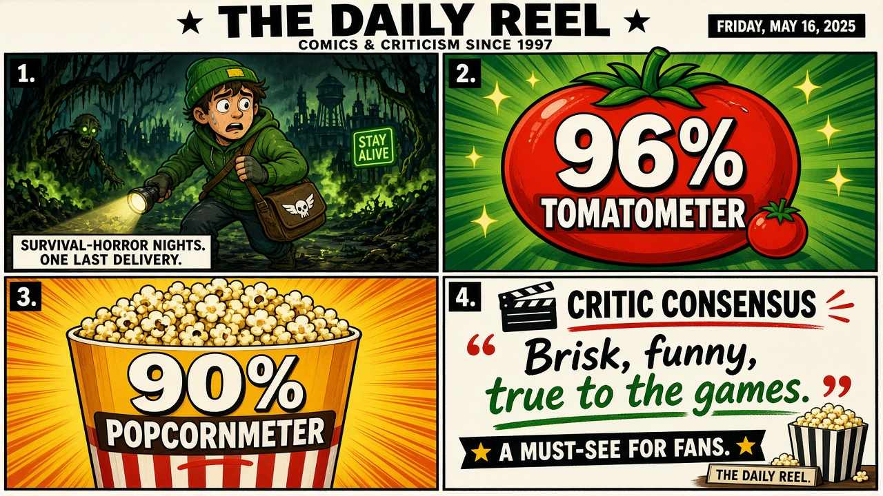 Four-panel full-color movie comic. Panel 1: cartoon courier in a spooky green night. Panel 2: large 96% Tomatometer badge. Panel 3: 90% Popcornmeter badge. Panel 4: consensus card reading brisk, funny, true to games.