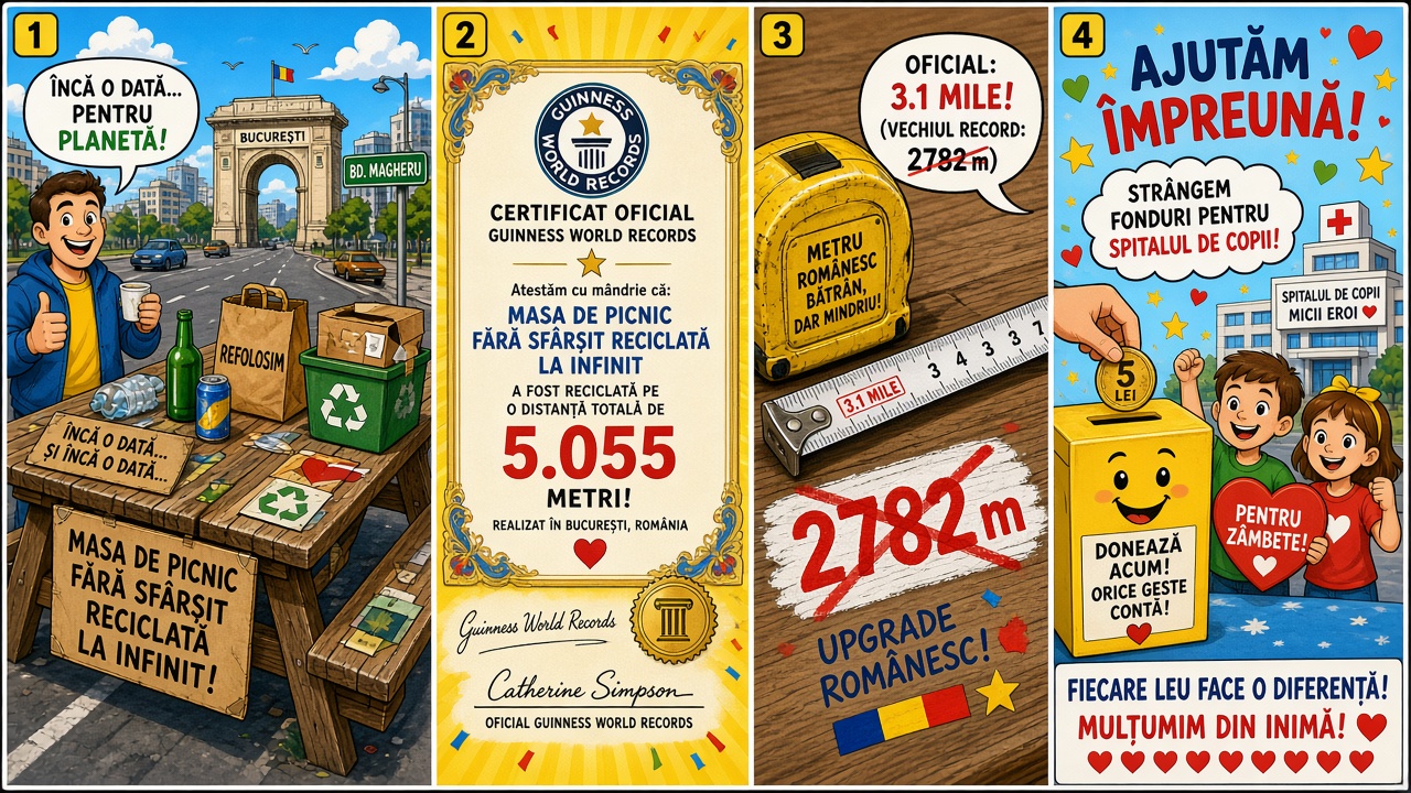 Four-panel full-color humor comic with cartoon stand-ins never likenesses. Panel 1: cartoon crowd along a miles-long table on Bucharest Unirii Boulevard. Panel 2: recycled-materials badge on table planks. Panel 3: Guinness board reading 5,055 meters beating a prior 2,782-meter mark. Panel 4: donation jar labeled pediatric psychiatry facility at Obregia Hospital.