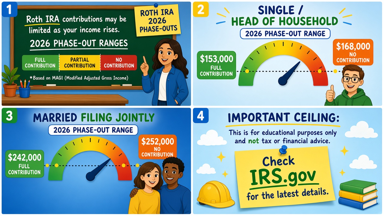 Four-panel full-color educational finance comic. Panel 1: Roth IRA 2026 phase-out chalkboard. Panel 2: singles and heads of household jar $153,000 to $168,000. Panel 3: married filing jointly jar $242,000 to $252,000. Panel 4: ceiling not advice sticky.