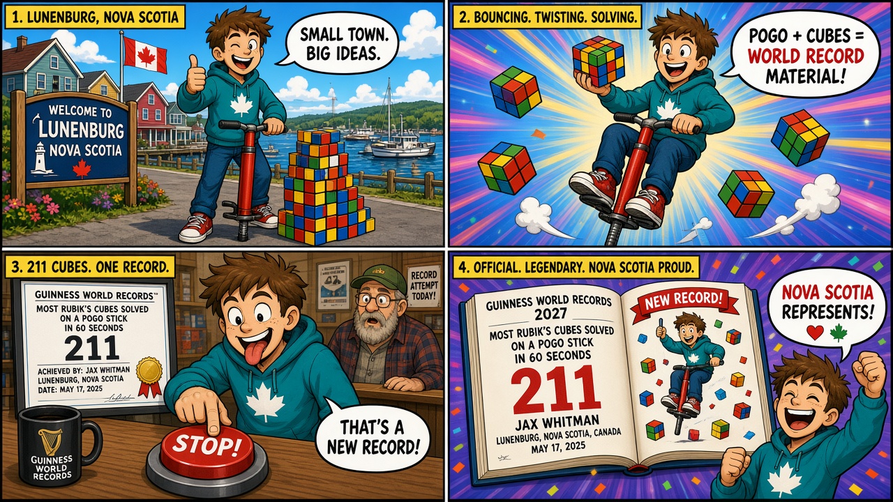 Four-panel full-color humor comic with a cartoon stand-in never a likeness. Panel 1: cartoon pogo rider beside a stack of Rubik's cubes in Nova Scotia. Panel 2: bouncing and twisting cubes mid-air. Panel 3: 211 record celebration at a stop button. Panel 4: open Guinness World Records 2027 book featuring the pogo-cube feat.